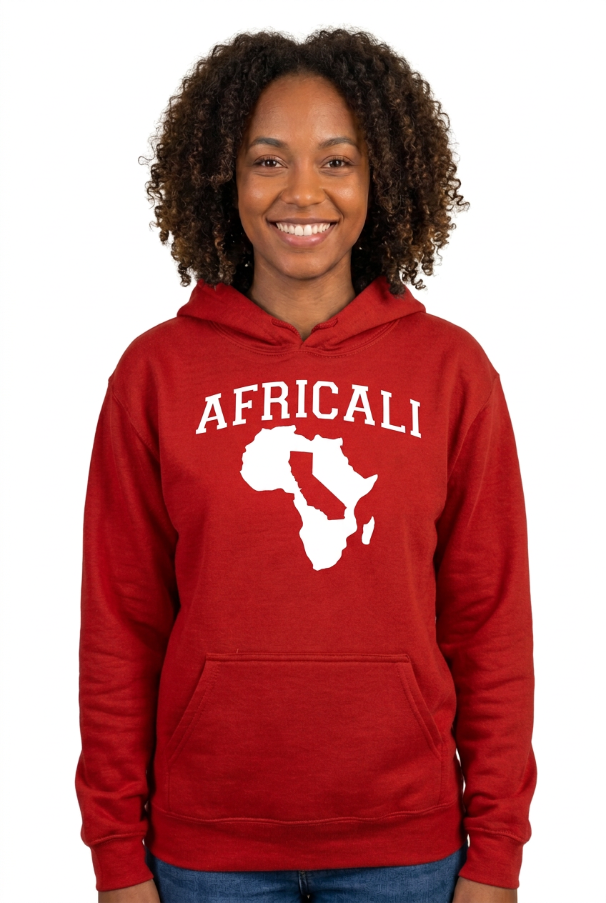 African American woman, red Peace hoodie