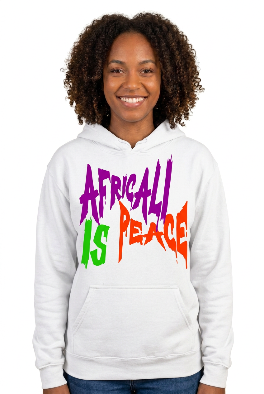 African American woman, white Africali Is Peace hoodie