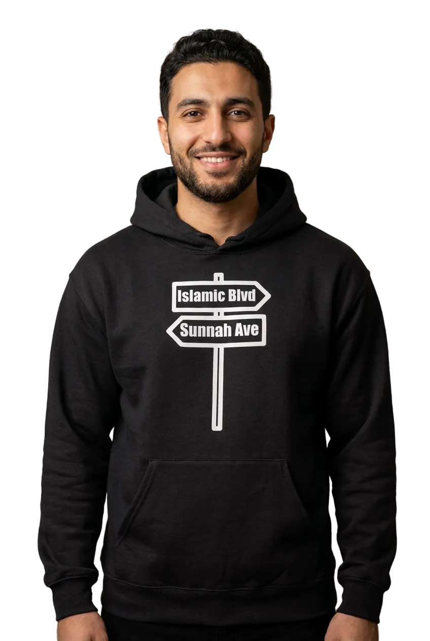 Arab American man wearing black Islamic Blvd and Sunnah Ave hoodie
