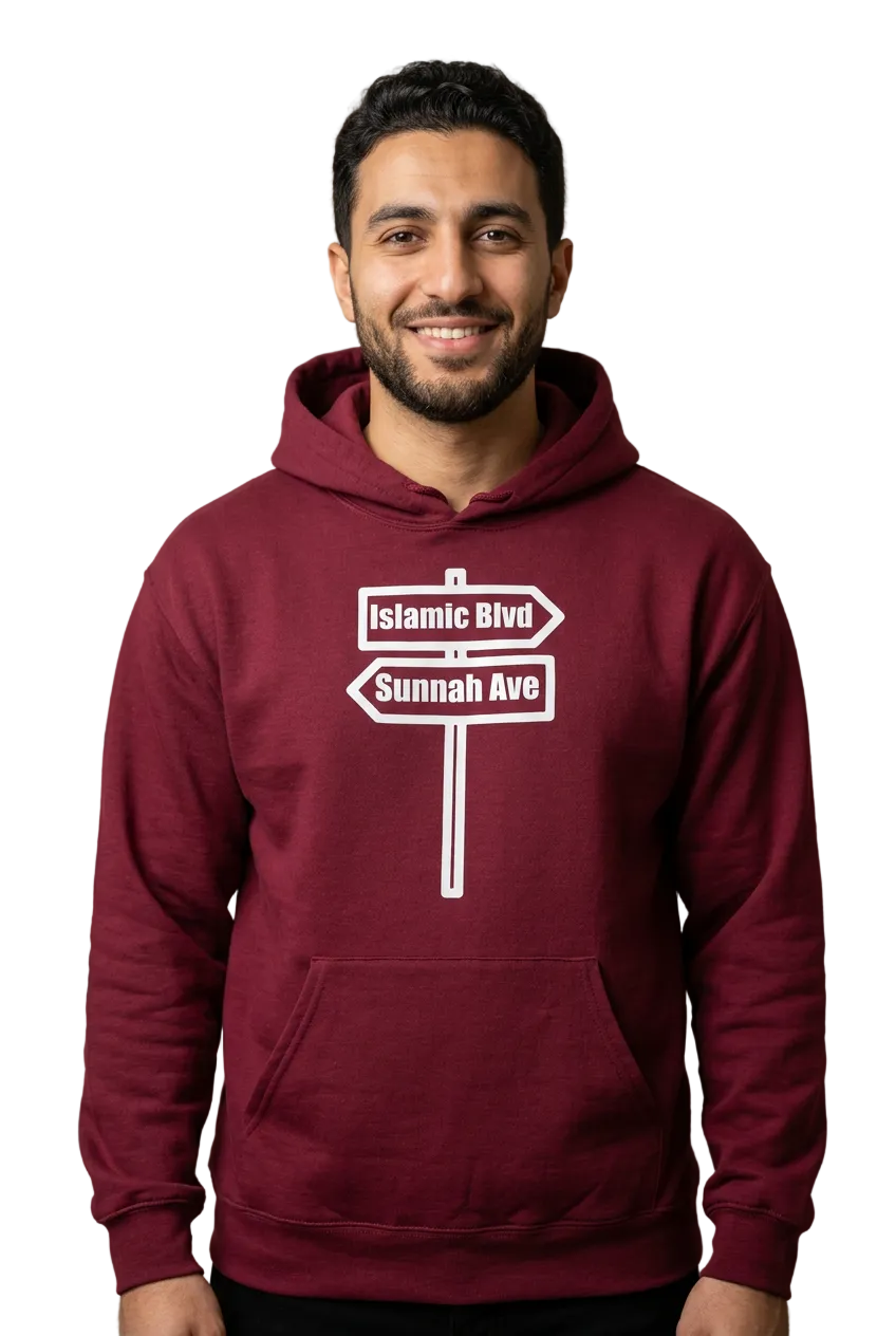 Arab American man wearing burgundy Islamic Blvd and Sunnah Ave hoodie