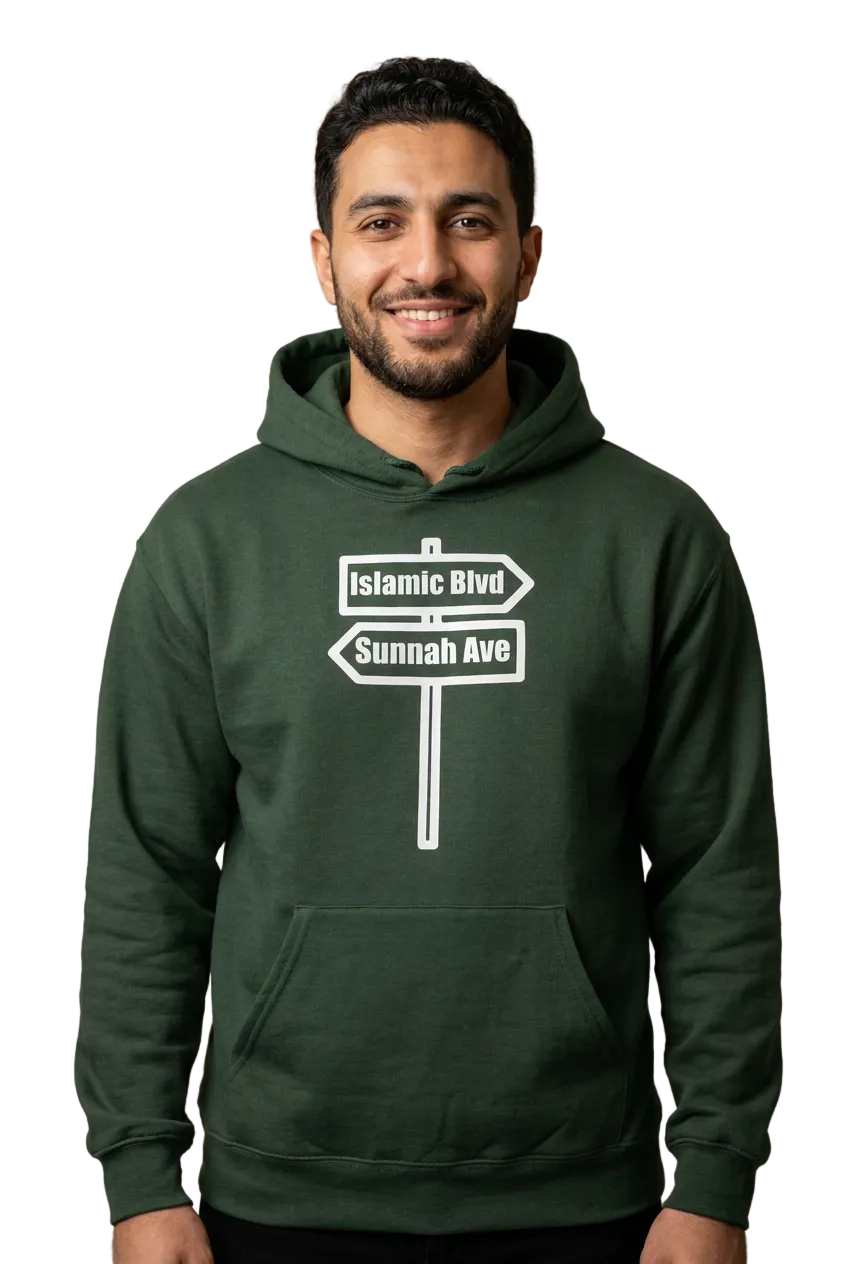 Arab American man wearing green Islamic Blvd and Sunnah Ave hoodie