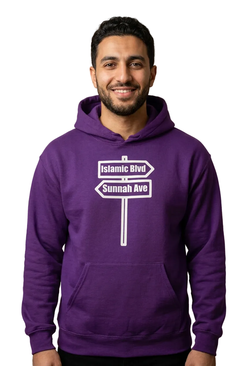 Arab American man wearing purple Islamic Blvd and Sunnah Ave hoodie