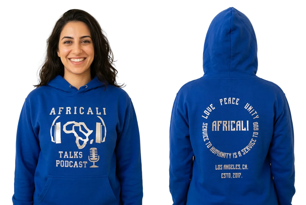 Arab American model, blue hoodie front and back