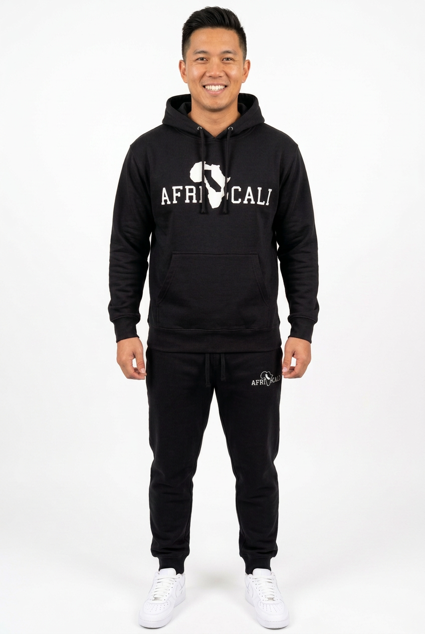 Asian American male model in black sweatsuit
