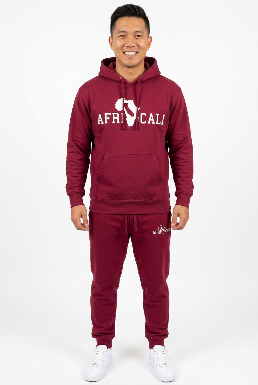 Asian American male model wearing burgundy-and-white Unity sweatsuit