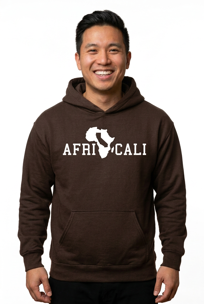 Asian American man wearing brown Unity hoodie on white background