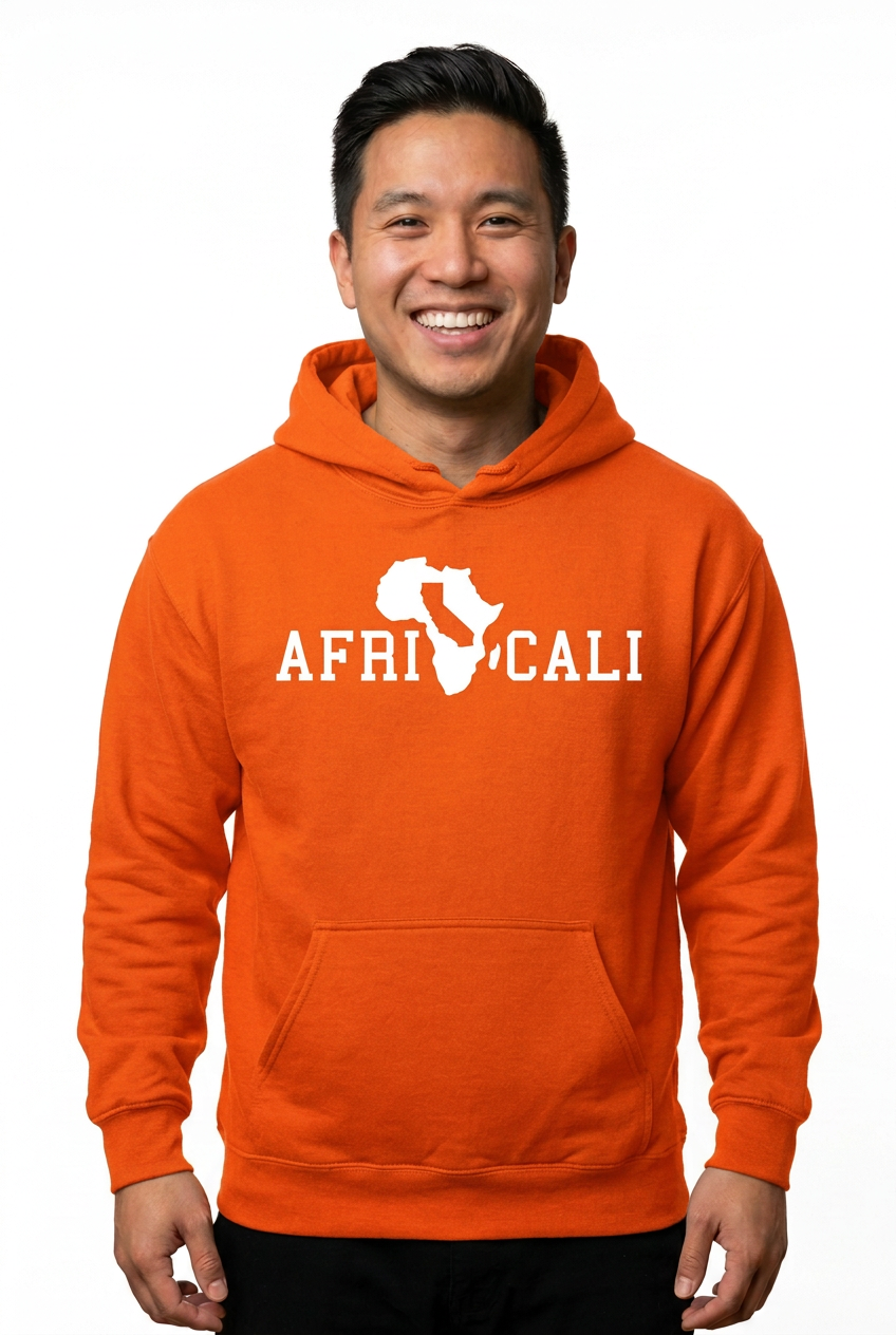 Asian American man wearing orange Unity hoodie on white background