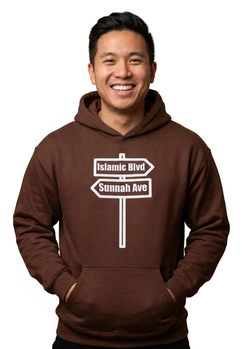 Asian American model in brown hoodie, drawstrings tucked away