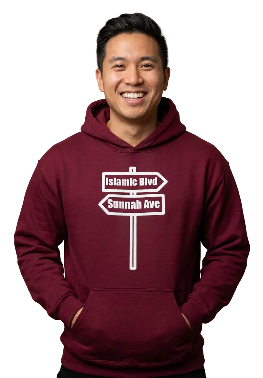 Asian American model in burgundy hoodie, drawstrings tucked away