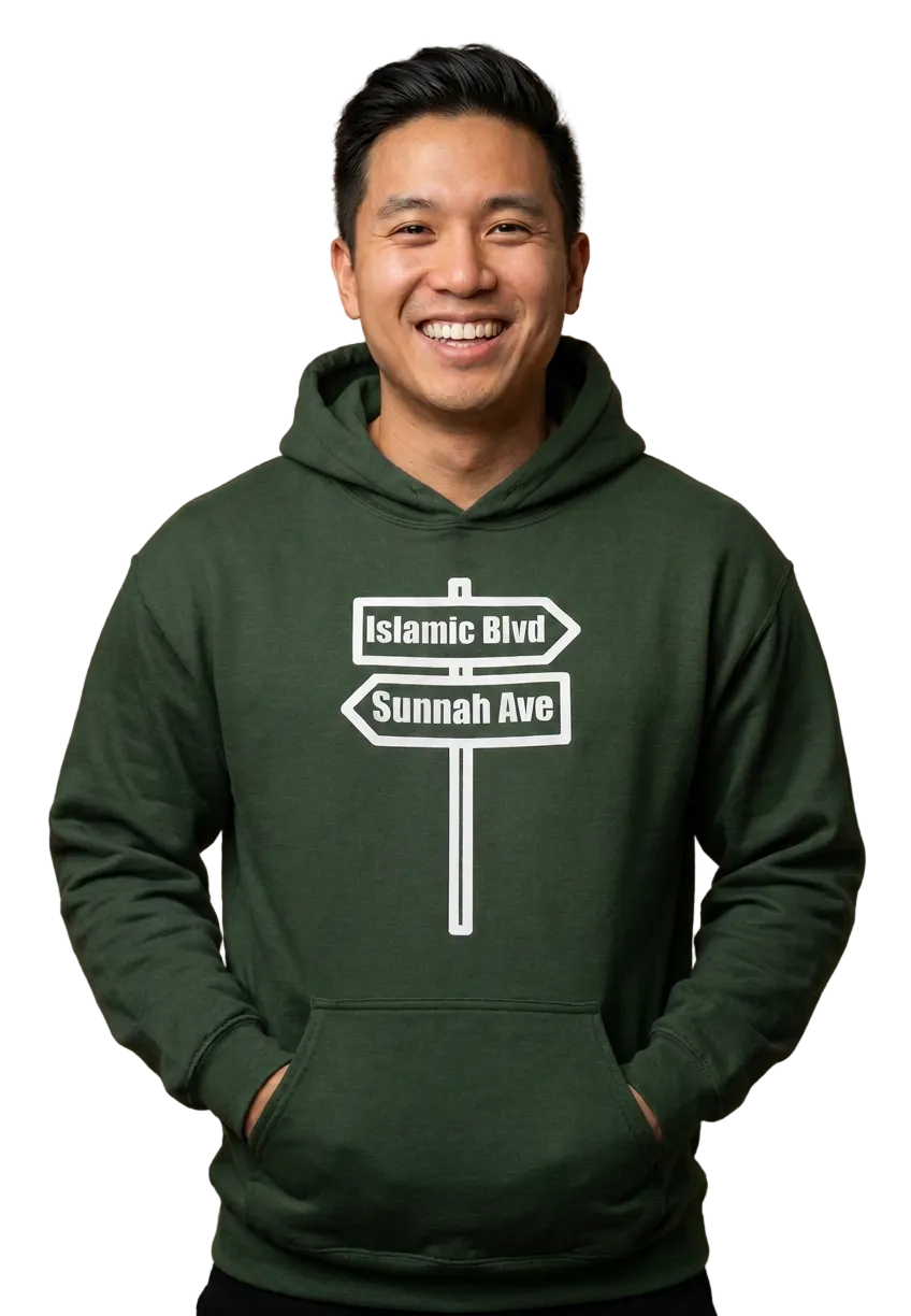 Asian American model in green hoodie, drawstrings tucked away