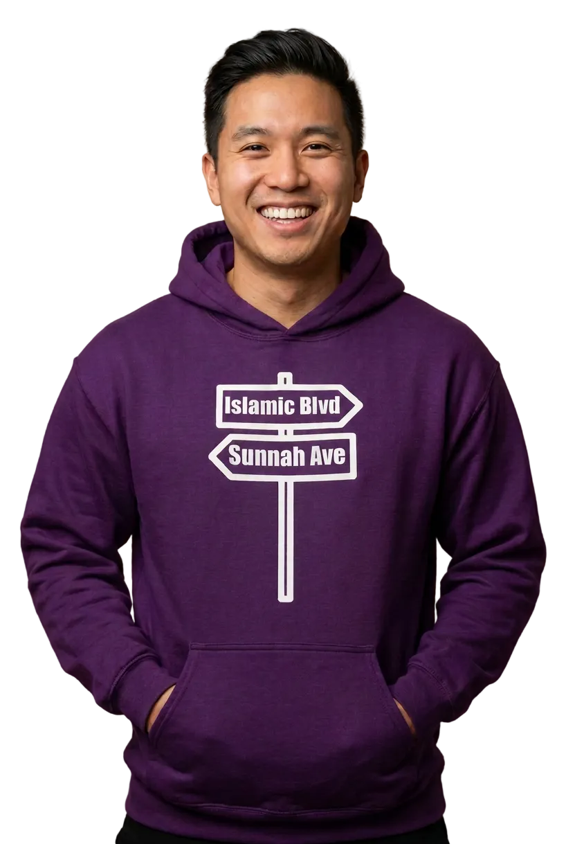 Asian American model in purple hoodie, drawstrings tucked away