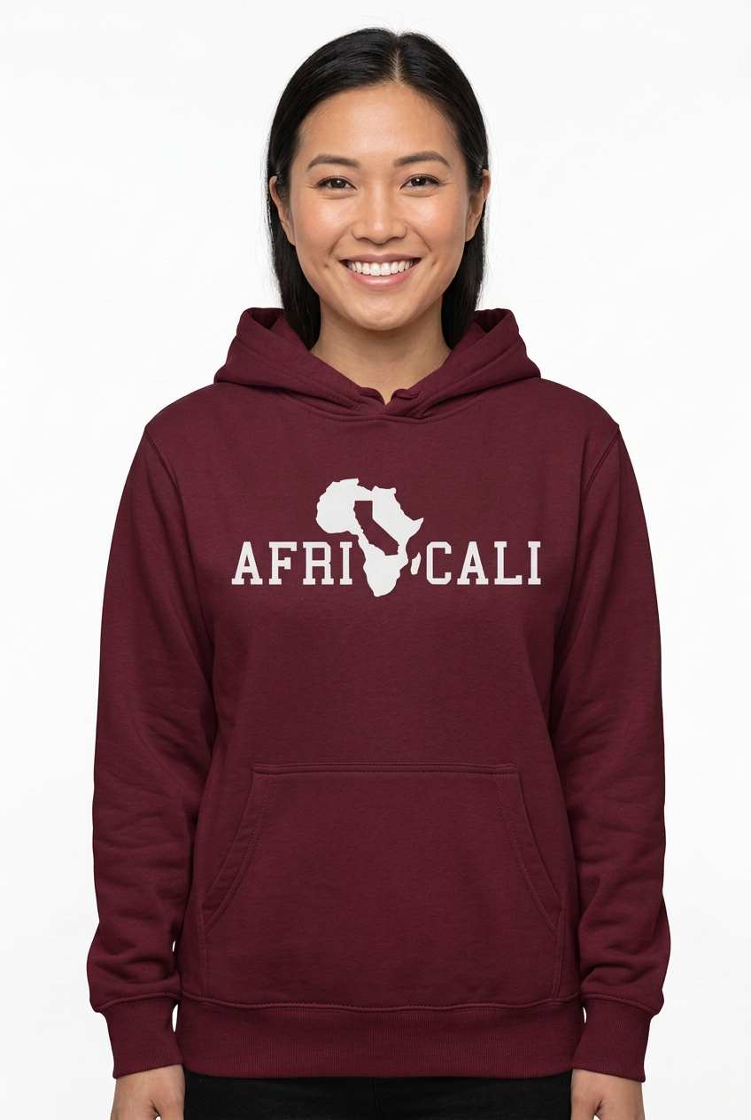 Asian American woman, maroon burgundy Unity hoodie