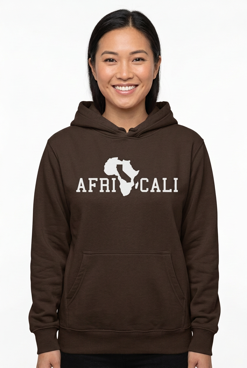 Asian American woman wearing brown Unity hoodie on white background
