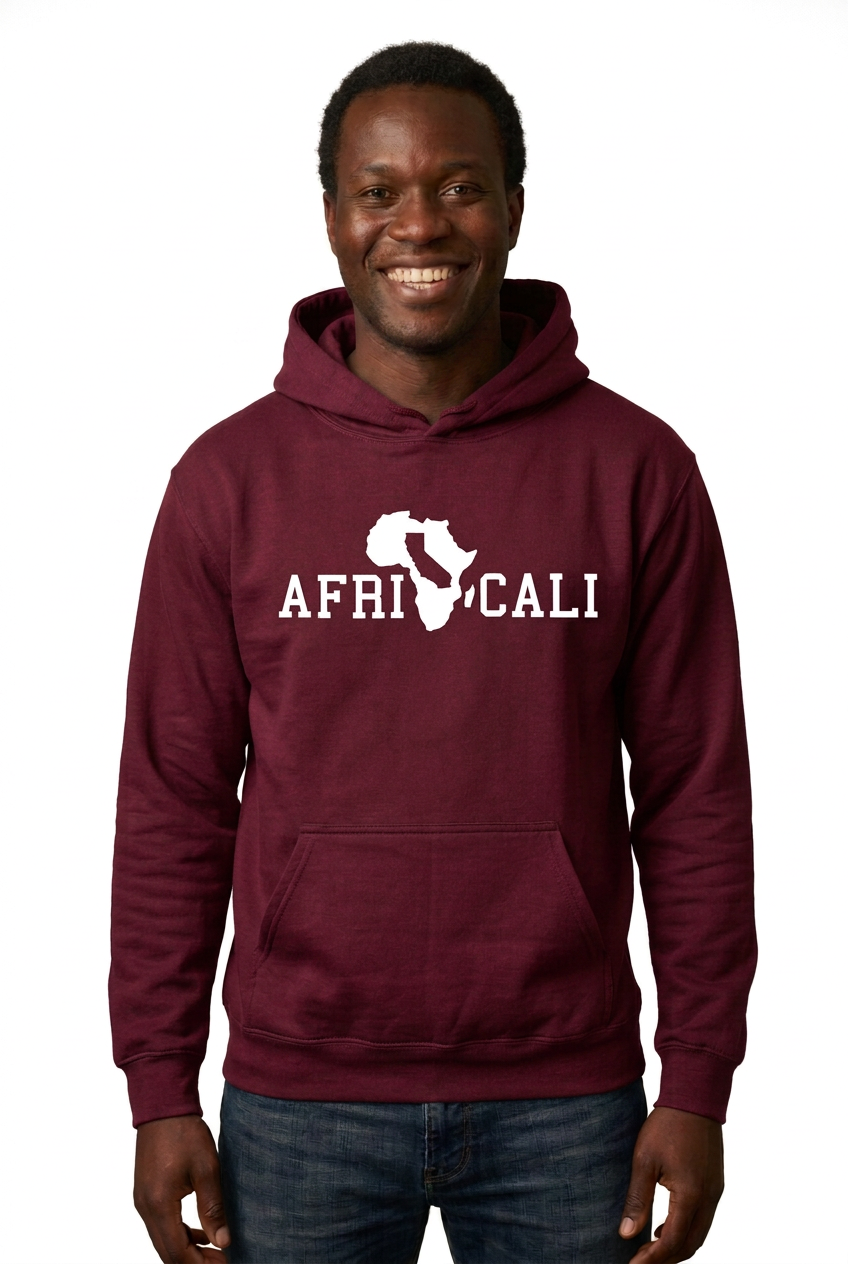 Black African man, maroon burgundy Unity hoodie