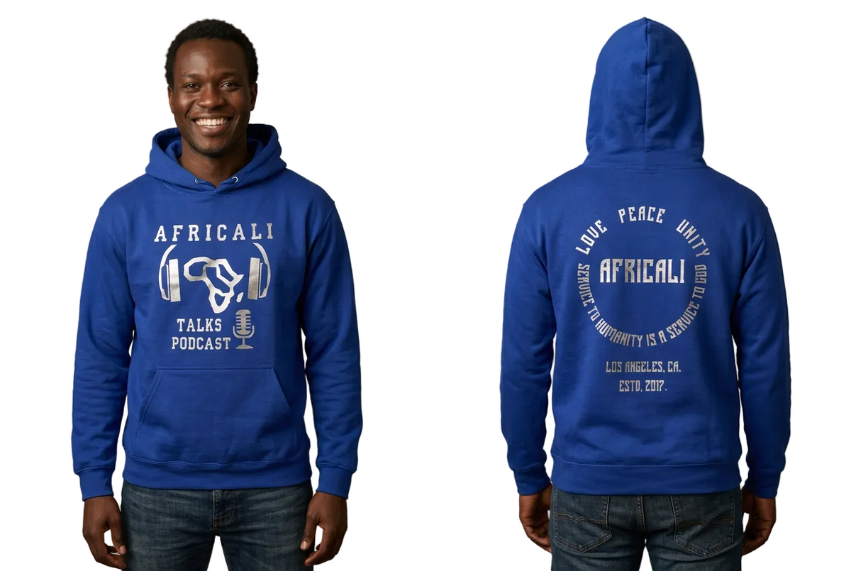 Black African model, blue hoodie front and back