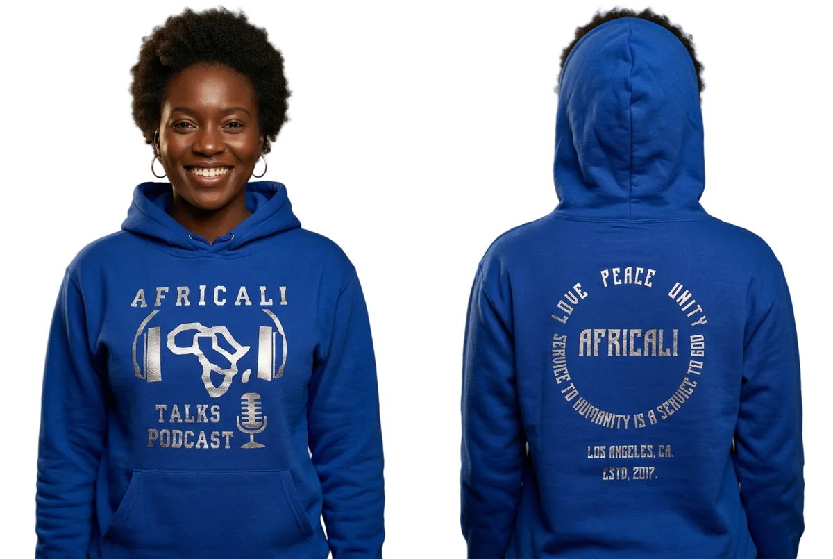 Black African woman in blue Africali Talks Podcast hoodie, front and back