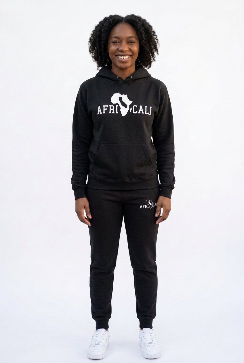 Black female model in black sweatsuit