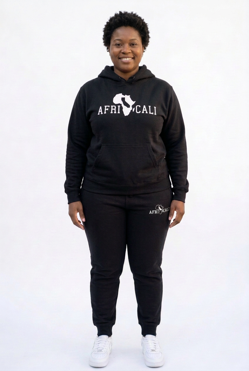 Black female model in black Unity sweatsuit