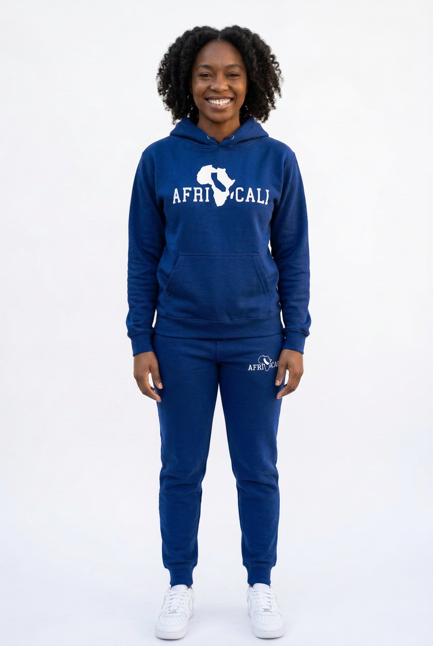 Black female model in blue sweatsuit