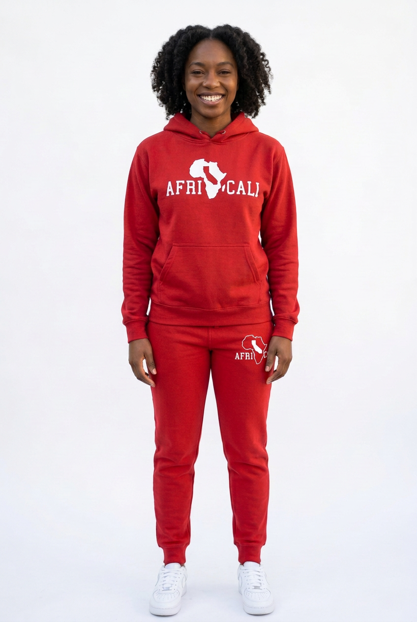 Black female model in red sweatsuit