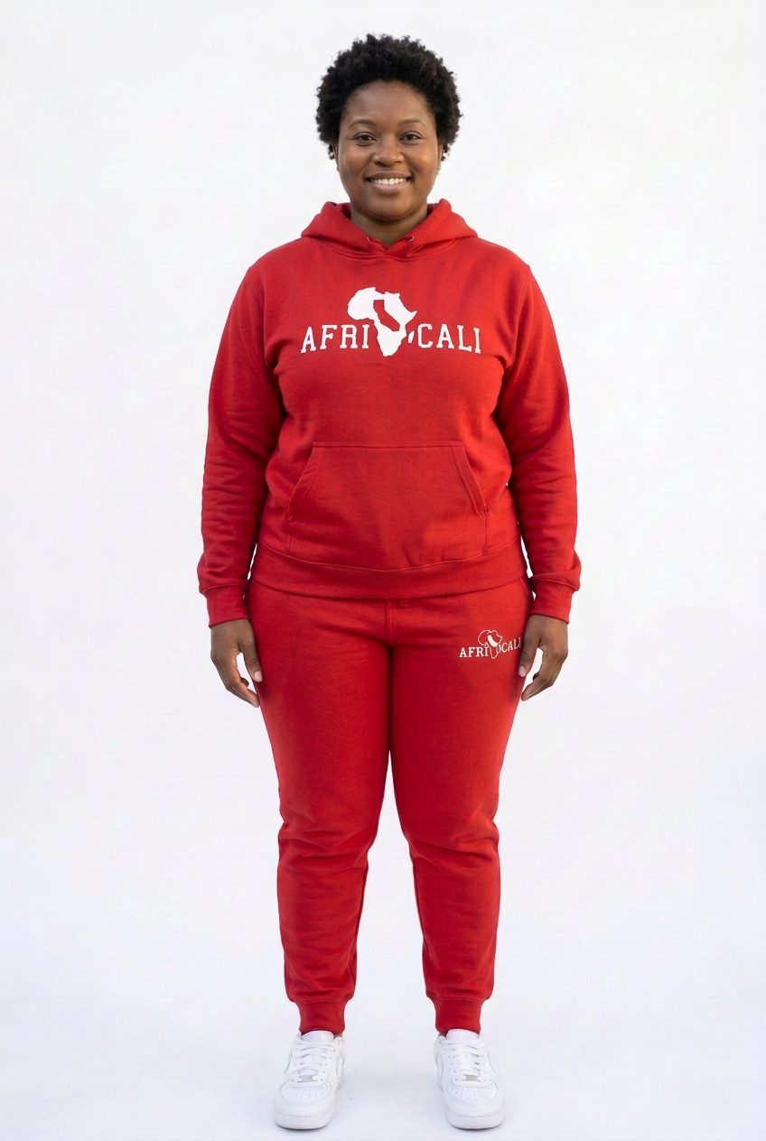 Black female model in red Unity sweatsuit