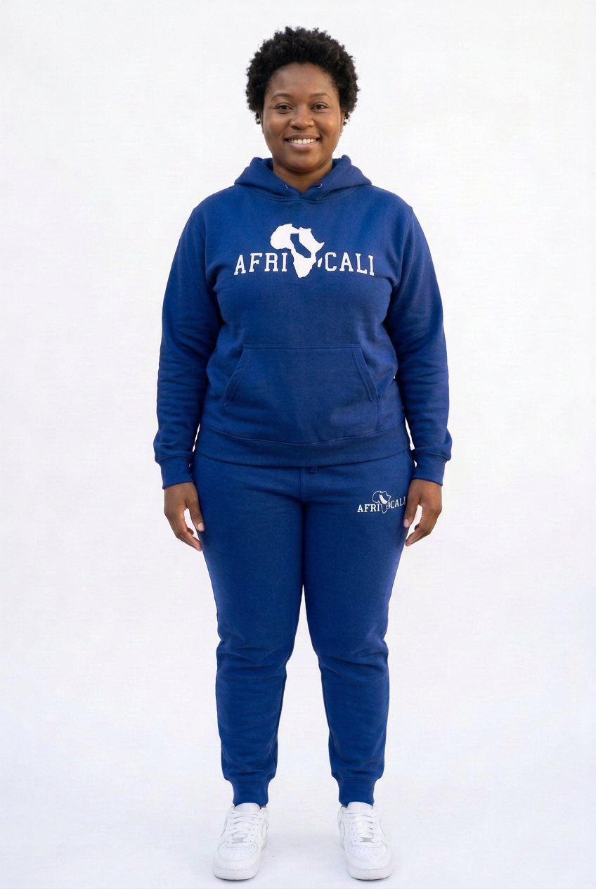 Black female model in royal-blue Unity sweatsuit