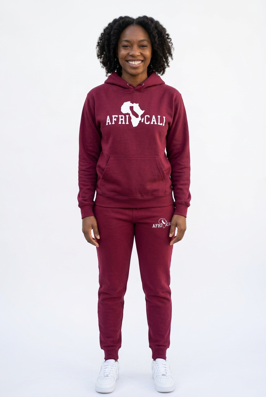 Black female model wearing burgundy-and-white Unity sweatsuit