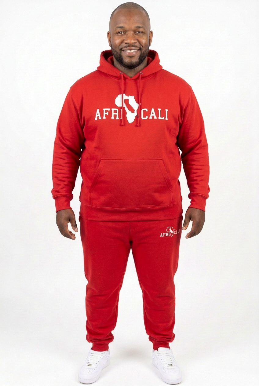 Black male model in red Unity sweatsuit