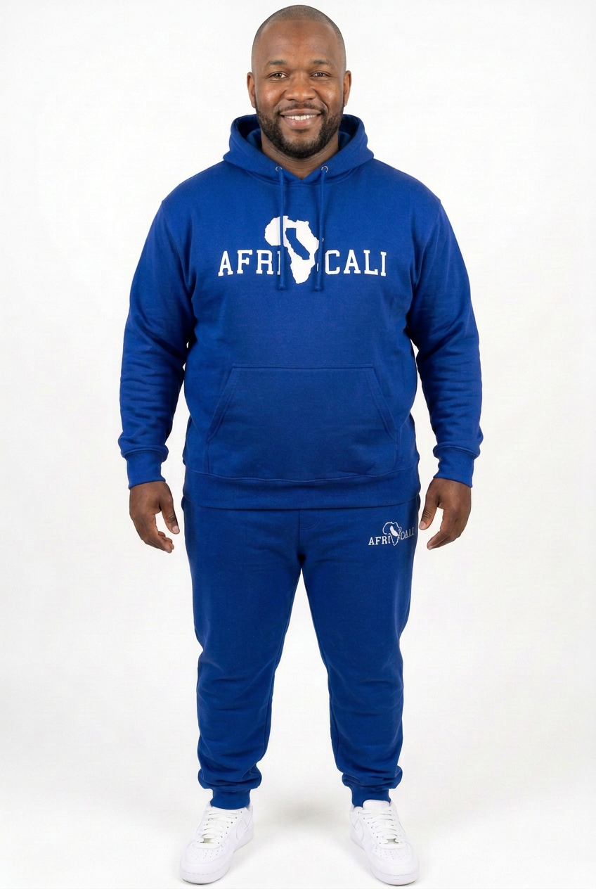 Black male model in royal-blue Unity sweatsuit