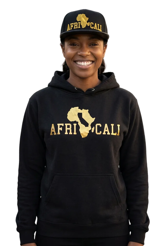 Corrected Black female portrait with standard black Africali Unity hoodie and gold snapback