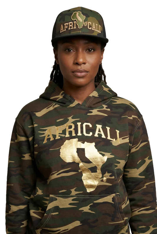 Female model close-up showing Africali hat and hoodie logos
