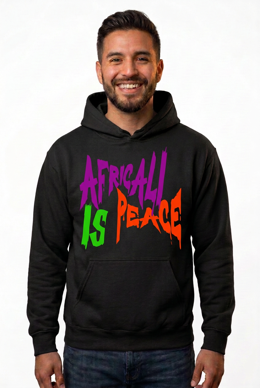 Hispanic American man, black Africali Is Peace hoodie