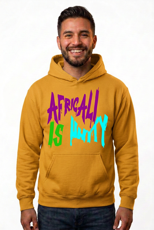 Hispanic American man, gold Africali Is Unity hoodie