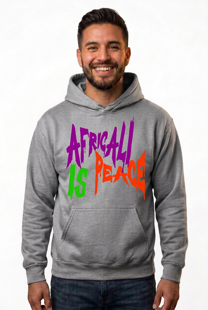 Hispanic American man, gray Africali Is Peace hoodie