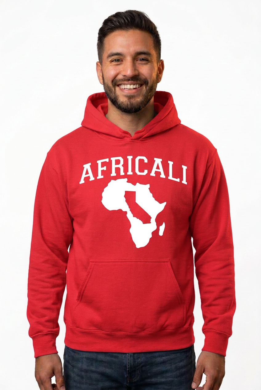 Hispanic American man, red Peace hoodie