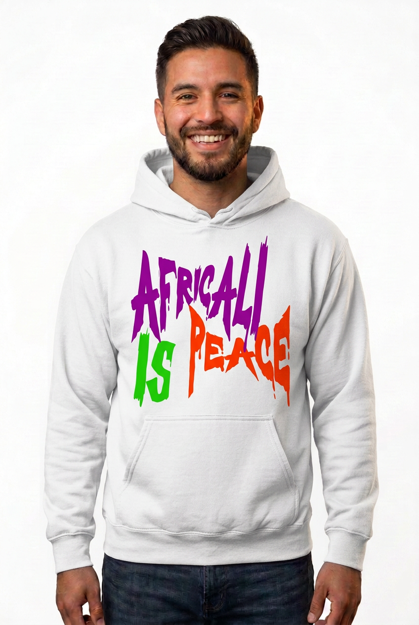 Hispanic American man, white Africali Is Peace hoodie