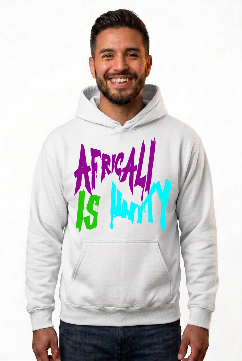 Hispanic American man, white Africali Is Unity hoodie
