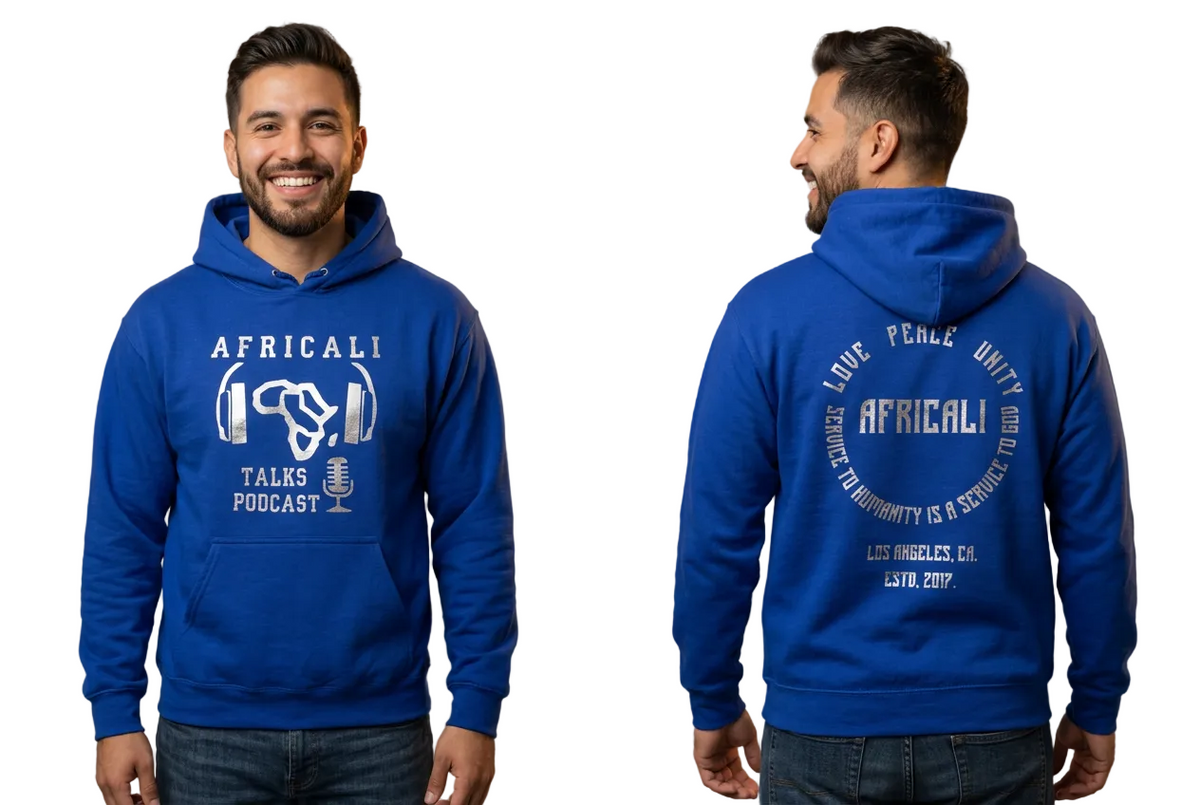 Hispanic American model, blue hoodie front and back