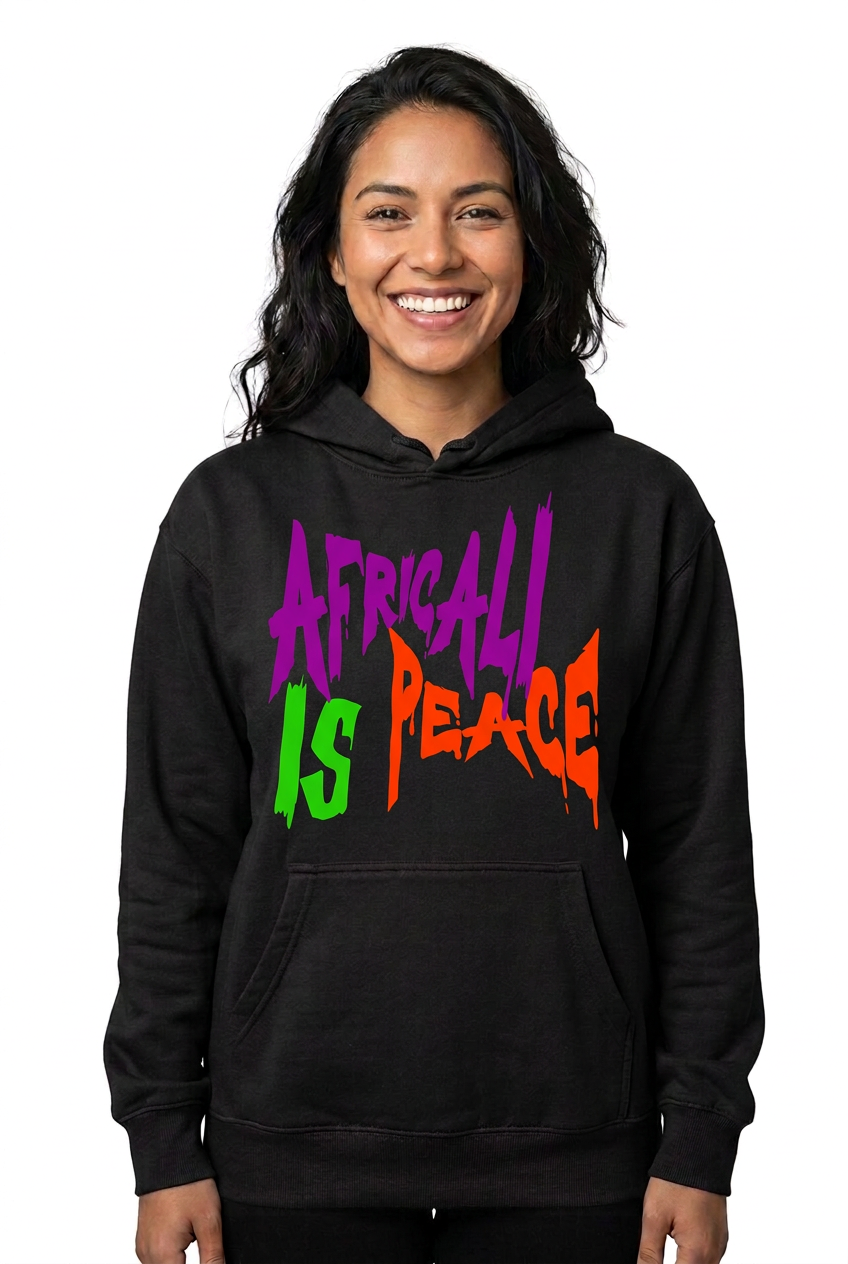 Hispanic American woman, black Africali Is Peace hoodie