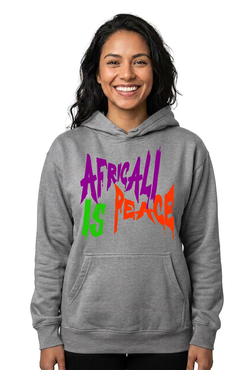 Hispanic American woman, gray Africali Is Peace hoodie