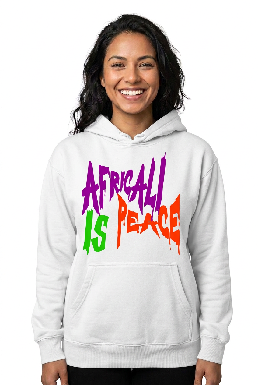 Hispanic American woman, white Africali Is Peace hoodie