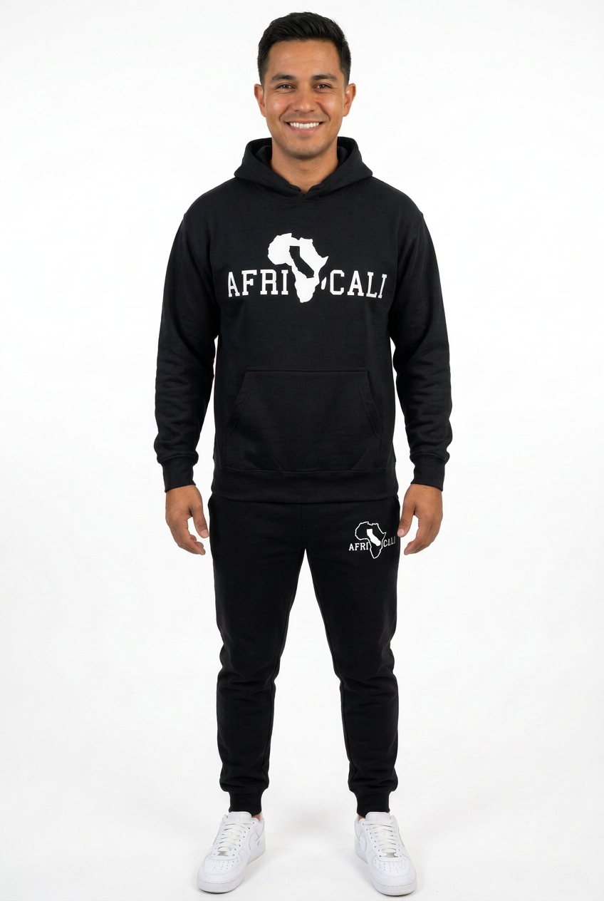 Hispanic male model in black sweatsuit