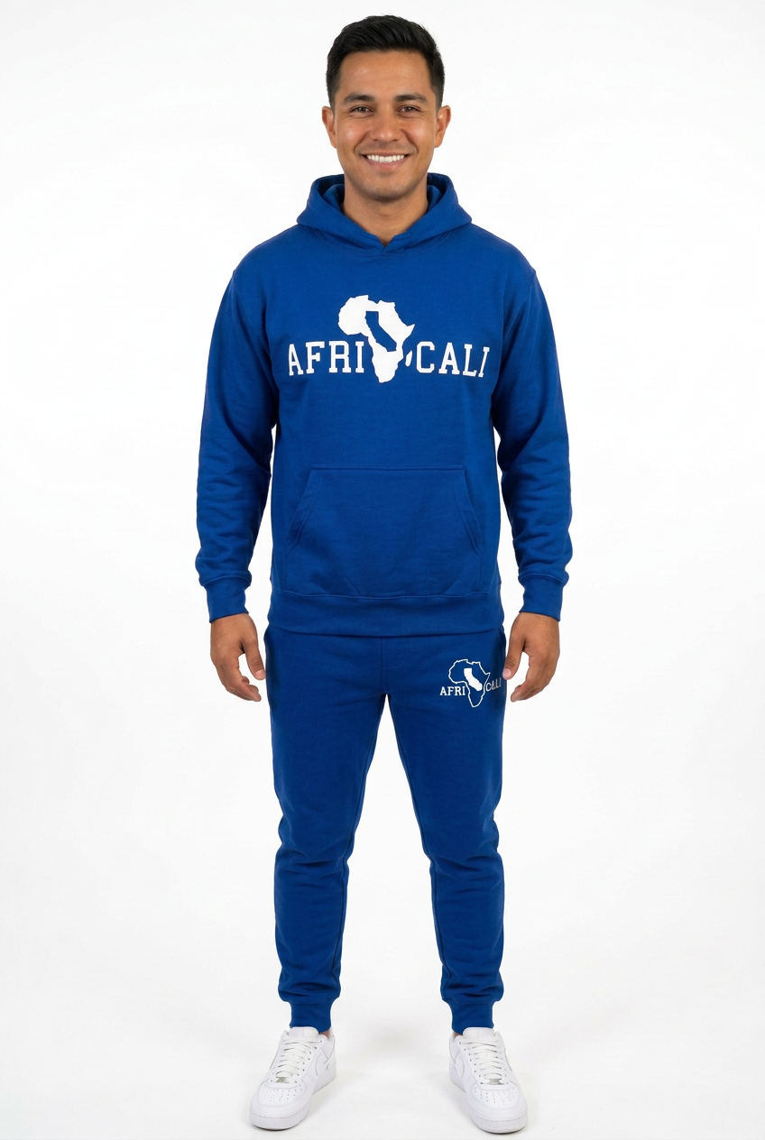 Hispanic male model in blue sweatsuit