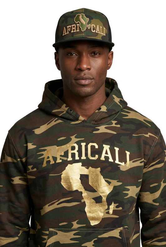 Male model close-up showing Africali hat and hoodie logos