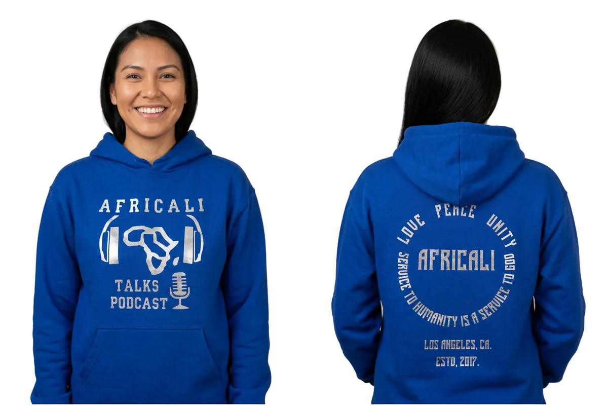 Native American model, blue hoodie front and back
