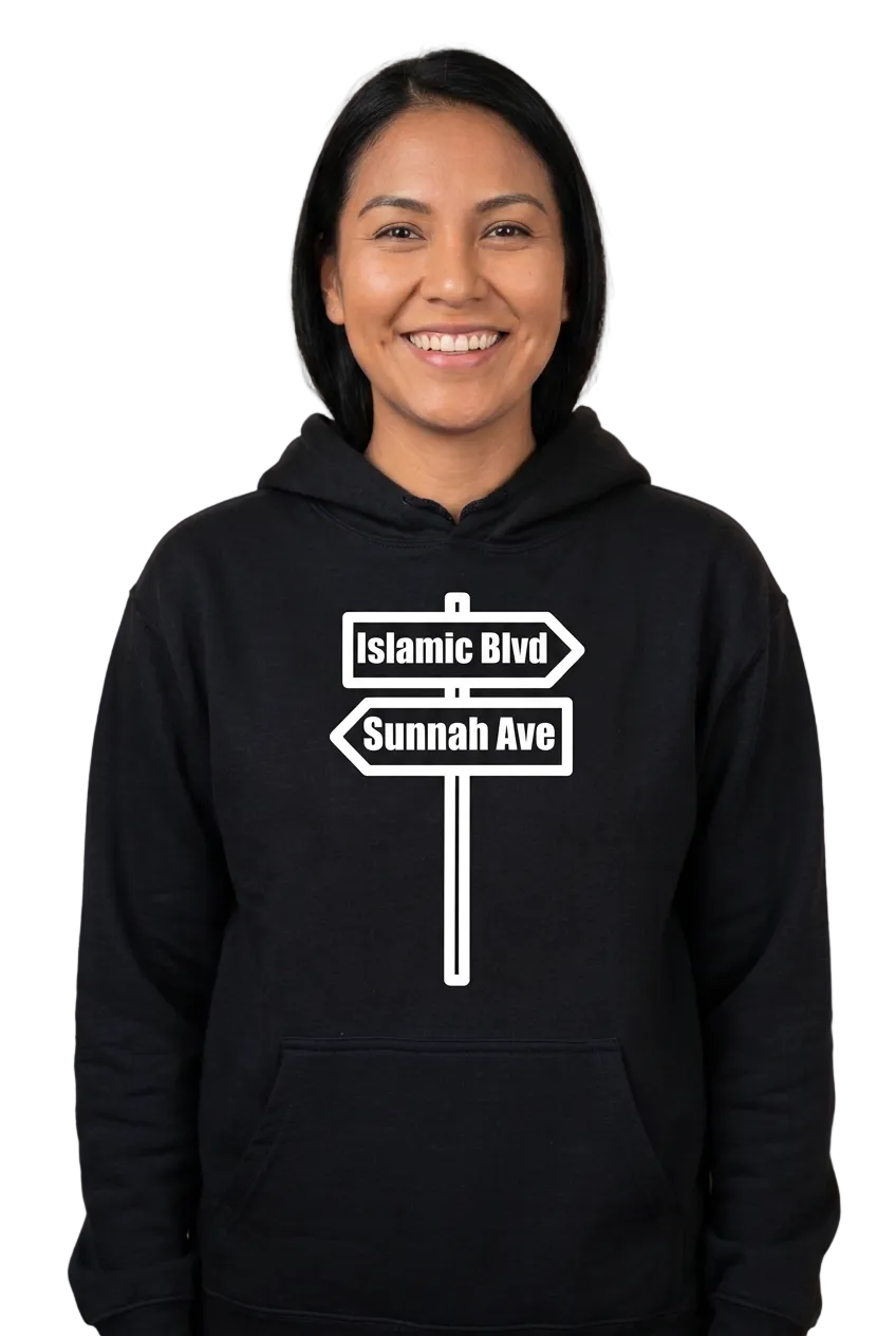 Native American woman wearing black Islamic Blvd and Sunnah Ave hoodie