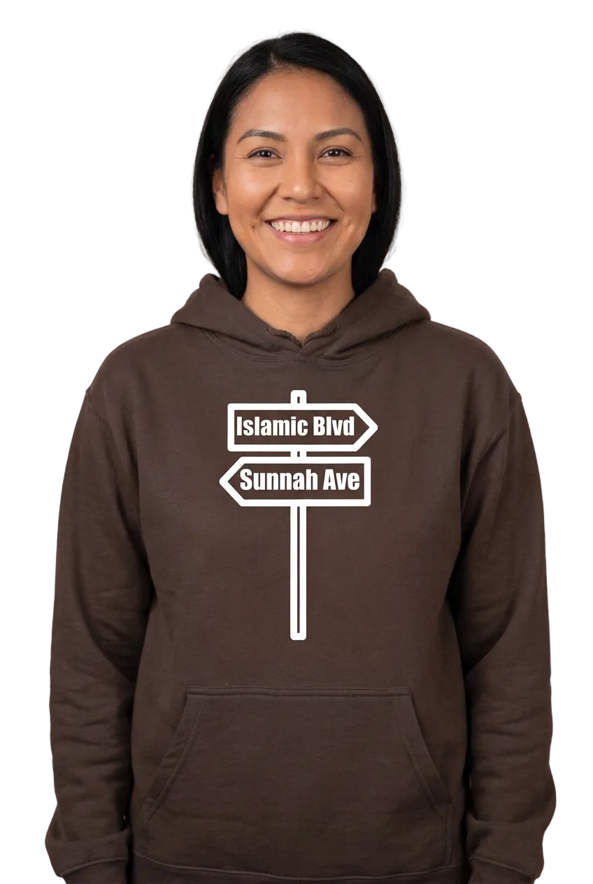 Native American woman wearing brown Islamic Blvd and Sunnah Ave hoodie