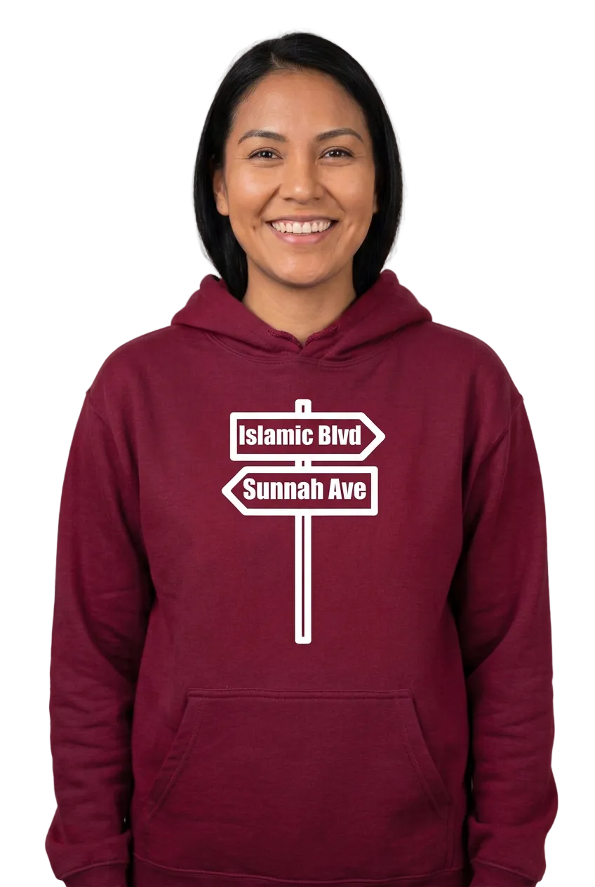 Native American woman wearing burgundy Islamic Blvd and Sunnah Ave hoodie
