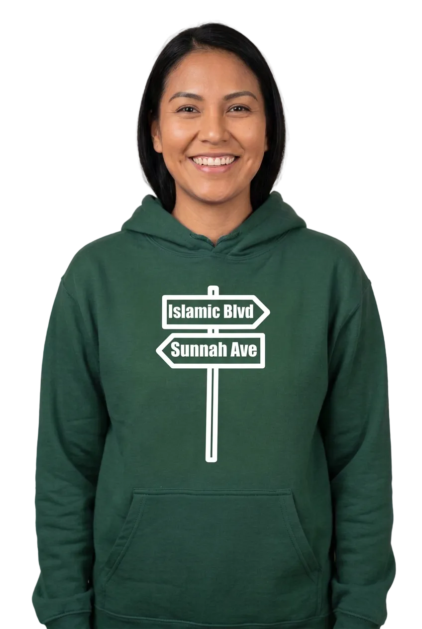 Native American woman wearing green Islamic Blvd and Sunnah Ave hoodie