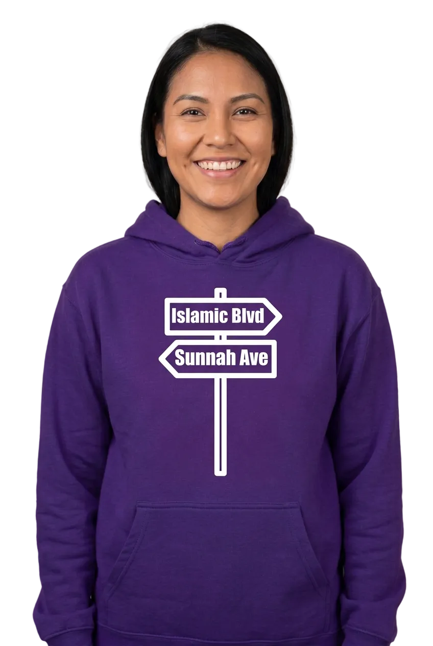 Native American woman wearing purple Islamic Blvd and Sunnah Ave hoodie